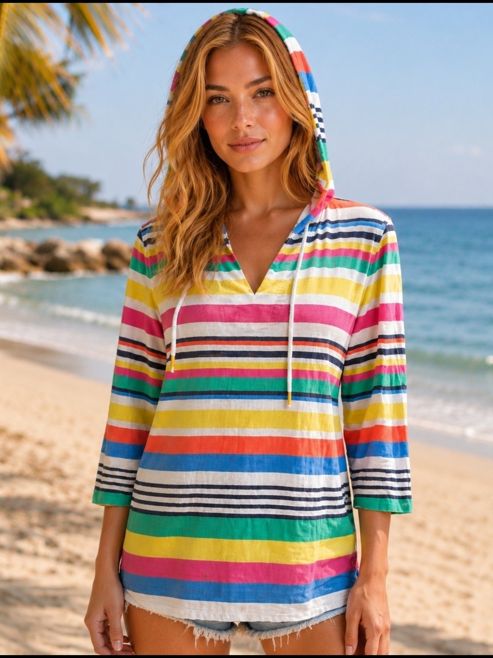 Westbound from Macys Rainbow Stripe Beach Hoodie Top Medium